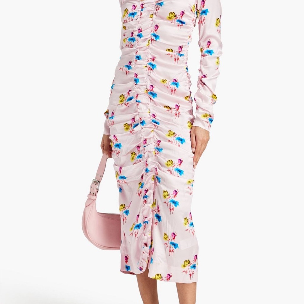 GANNI Ruched floral-print stretch-silk satin midi dress